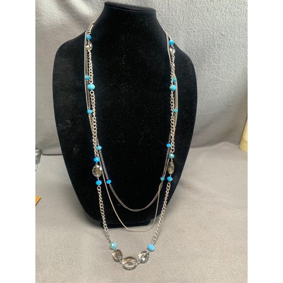 Layered Silver Tone Chain Necklace with Blue & Clear Beads Jewelry 42” - Picture 5 of 7